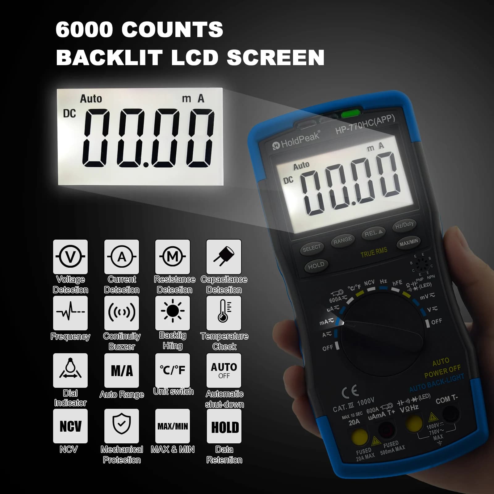Duty Cycle Test Bluetooth Auto Ranging Digital Multimeter True RMS with NCV Feature and Resistance Capicity Measure HP-770HC-APP