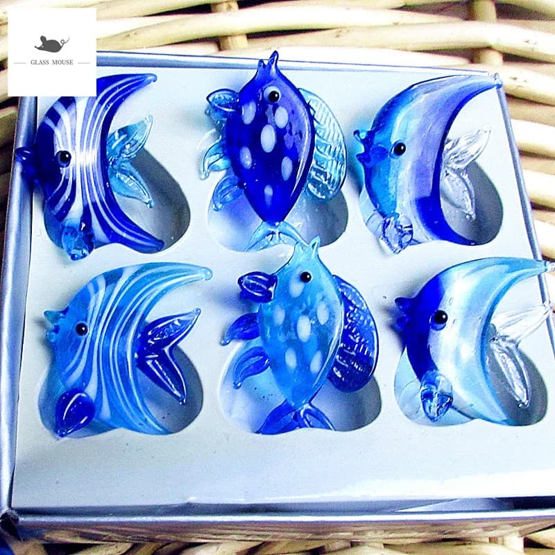 6pcs Blue Handmade Glass Sea Fish Ornament Aquarium Fish Tank Decorative Figurine Miniature Marine Animals Glass Statue Ornament