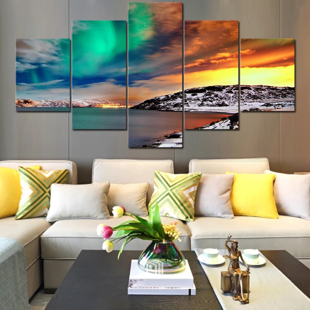Modern Wall Art Decor Painting Natural Landscape Aurora Borealis 5 Pieces Snow-Capped Mountains And Lakes Pictures Canvas Print