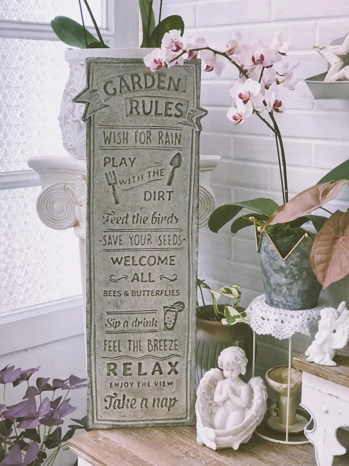 Vintage Garden Rules Wall Sign, Galvanized Metal Decorative Plaque, Gray, 23x66cm, Indoor Outdoor Decor for Garden Patio