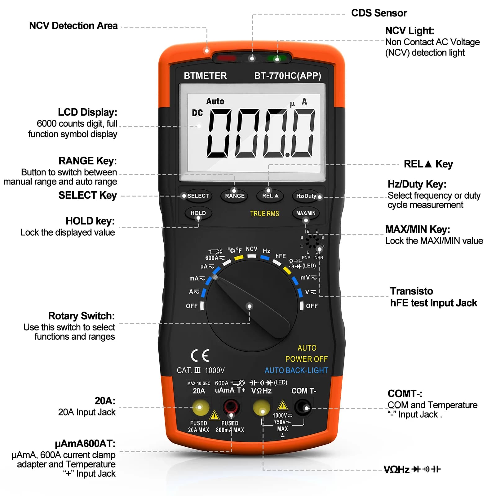 BTMETER Wireless Bluetooth True RMS Digital Multimeter 6000 Counts Auto Ranging AC/DC Voltage Current with APP  BT-770HC-APP