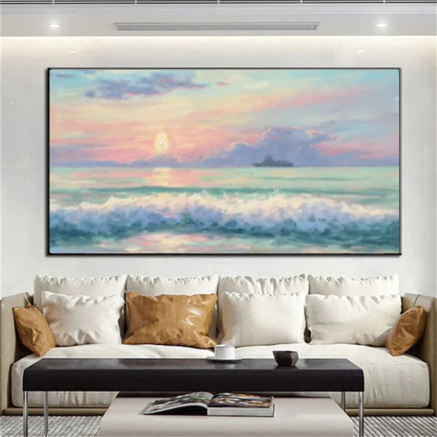 Hand-Painted Oil Paintings Seascape, The Morning Sun Implies a New Beginning And Hope, Home Decoration Wall Art Canvas Painting