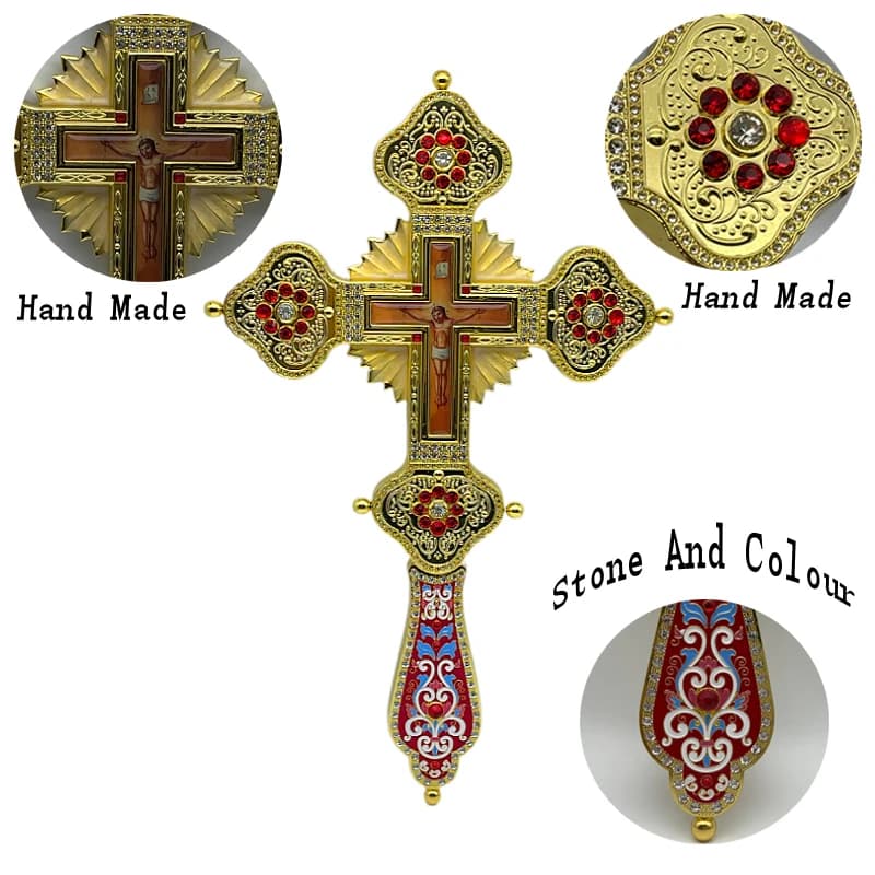 Handcrafted Gilded Orthodox Hand Blessing Cross Vivid Enamel Ornament With Inlaid Red Rhinestones Jesus Christ Icon Elegant