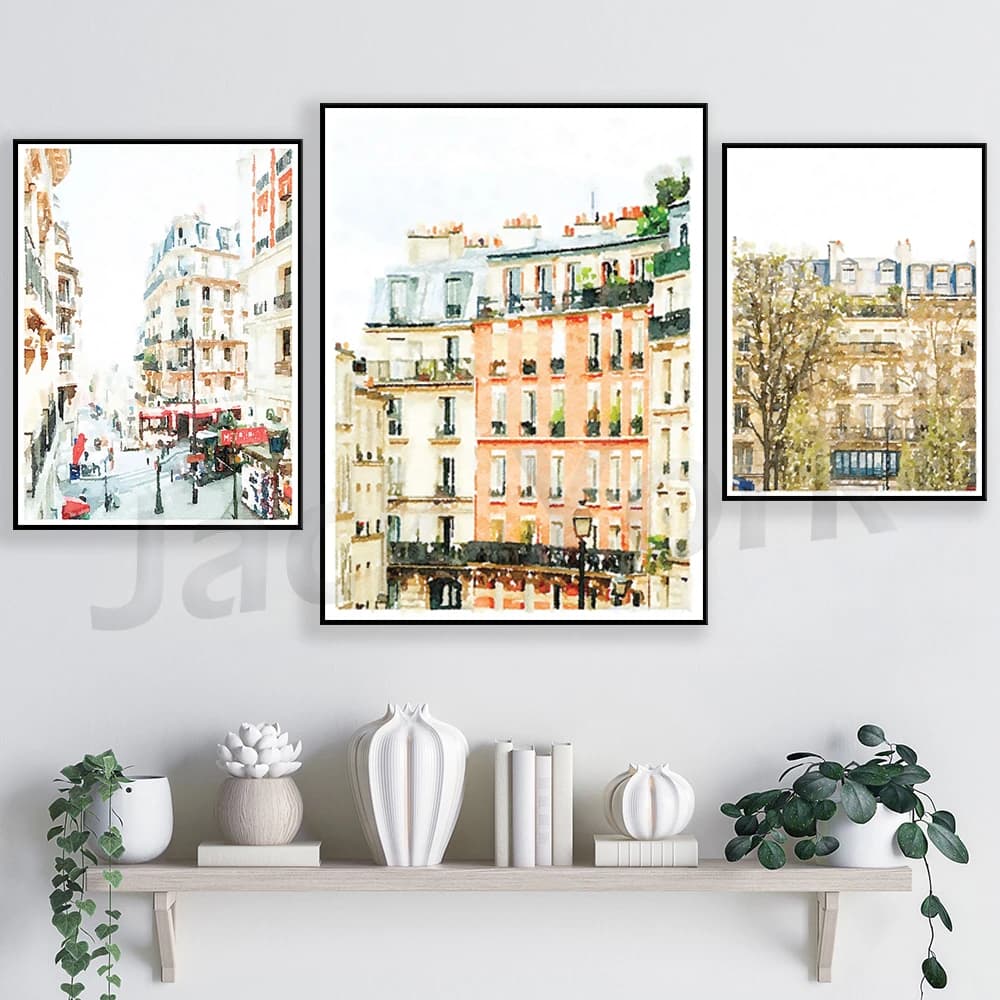 Paris France Architecture Buildings Watercolor Wall Art,  French Street, Houses, Skyline, Cityscape