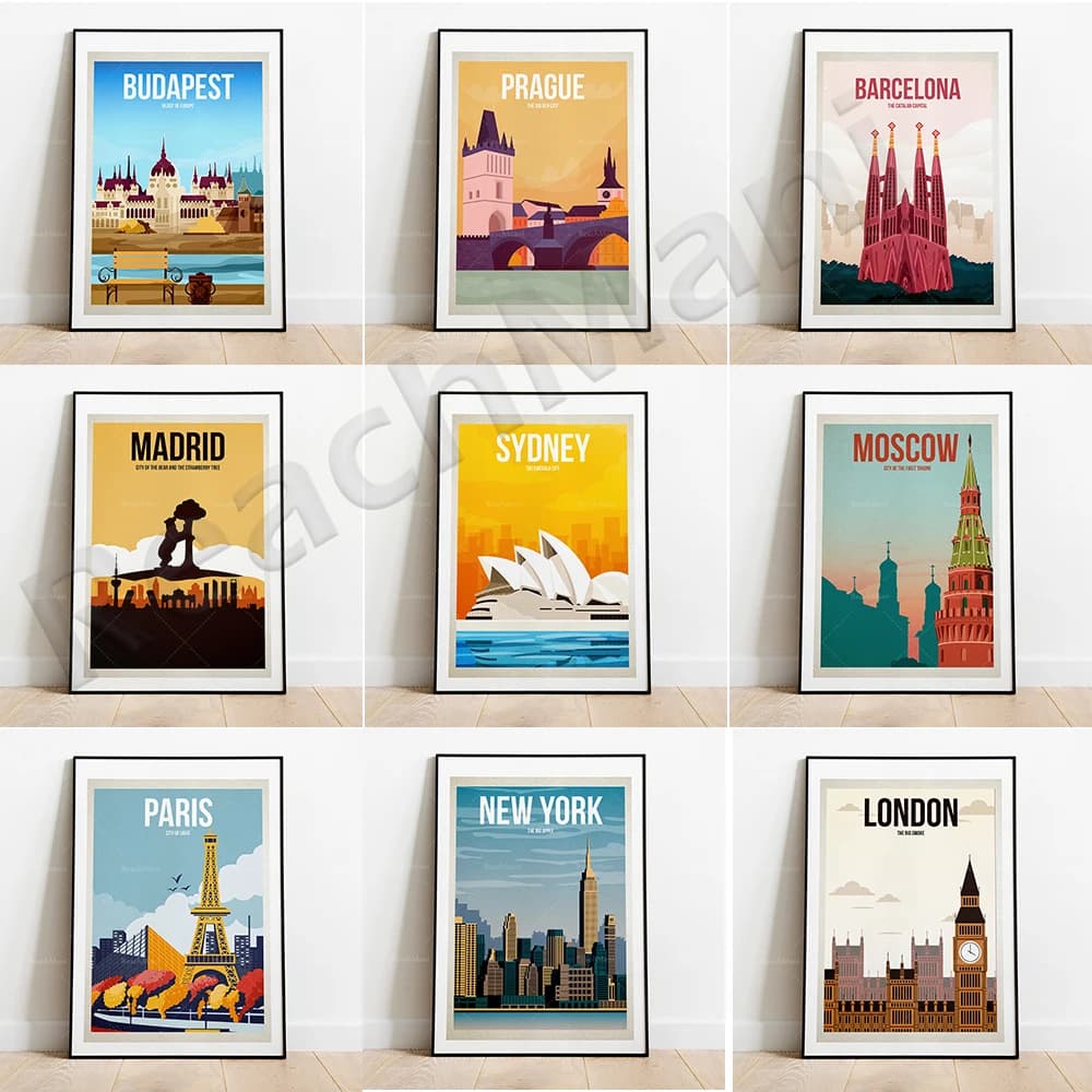 Vintage travel poster Paris, New York, London, Prague, Madrid, Moscow, Sydney, Australia, Barcelona, Budapest canvas printing