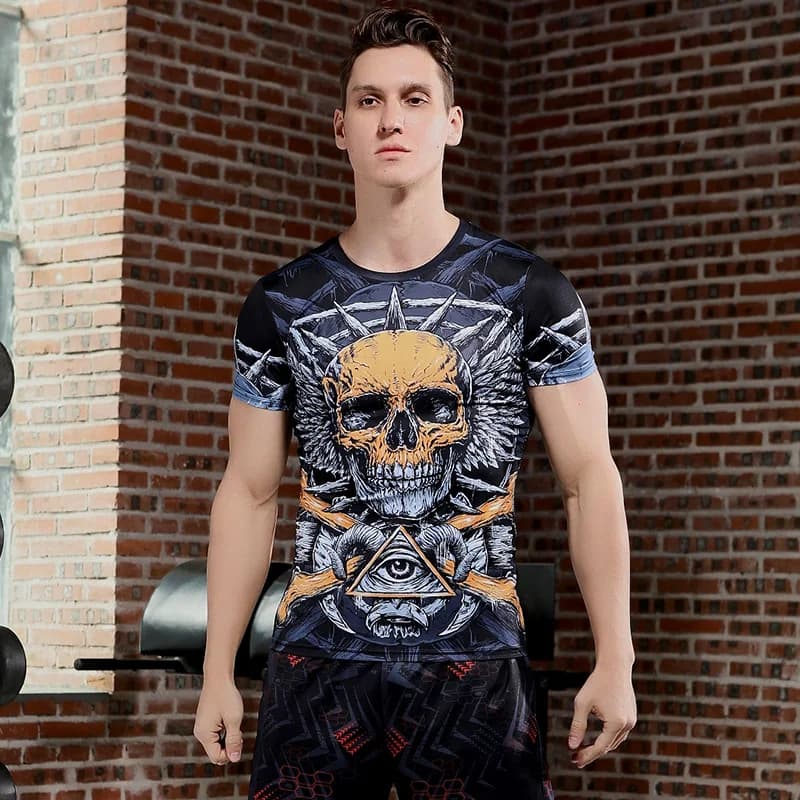Men's Skeleton Graphic Print  Compression Shirt Fitness Clothing For Sports Training