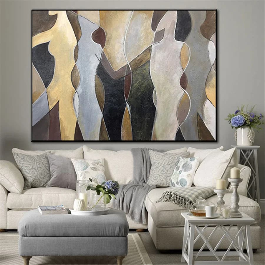100% Handmade Painted Abstract Gray Figure Oil Paintings Modern Living Room Wall Decor Large Brown Canvas Art Home Decoration