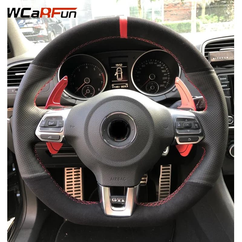 WCaRFun Custom Car Steering Wheel Cover Soft Black Suede For Volkswagen Golf 6 GTI MK6 VW Polo GTI Scirocco R Passat CC R-Line
