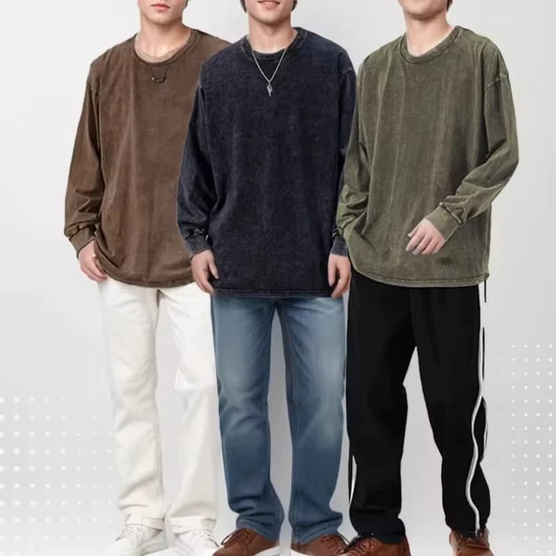 Men's Washed Long Sleeve T-shirts 230G Cotton High Street Retro Oversized Tee Korean Fashion Loose Y2K Tops Long Sleeve Tshirts