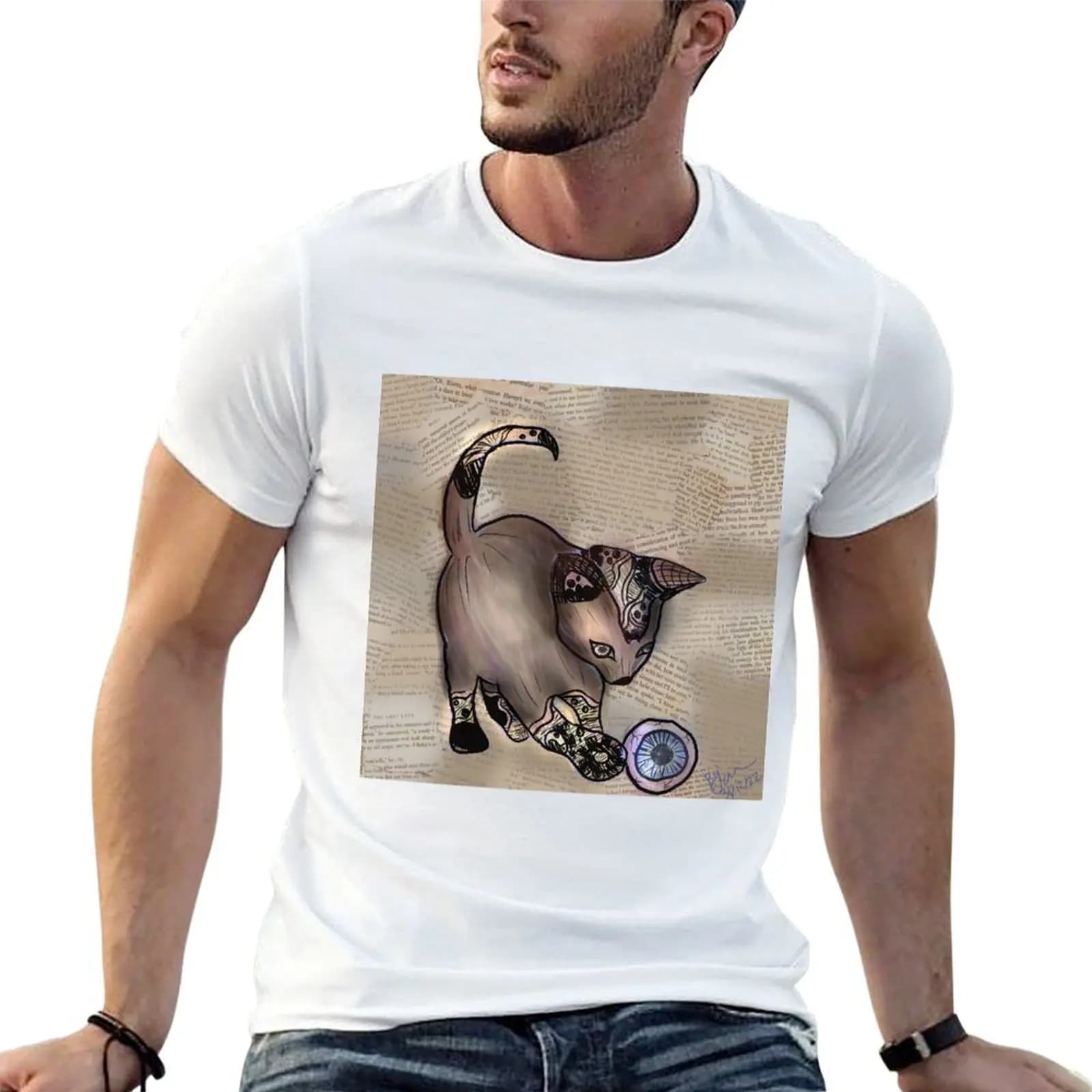 Steampunk cat with eye-ball T-Shirt anime figures vintage graphic tee anime shirts men