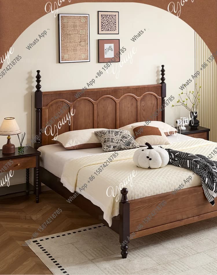 J Solid Wood Bed French Retro Solid Wood Bed 1.8 Meters Double Bed Master Bedroom Backrest American Solid Woodall