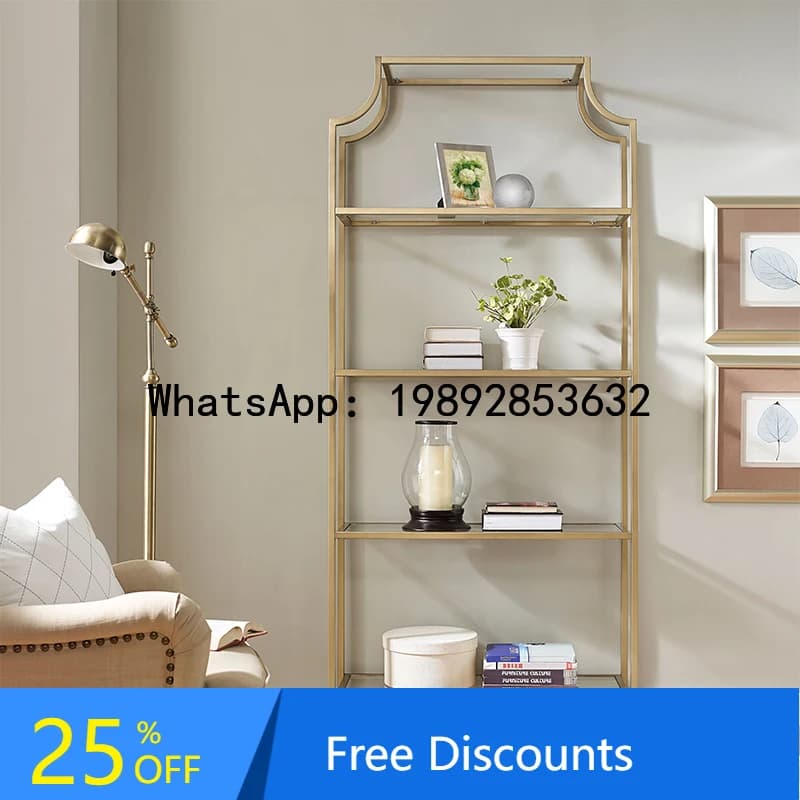XL Metal Stainless Steel Storage Rack Brushed Brass Texture Transparent Glass Partition Bookshelf for Study Room