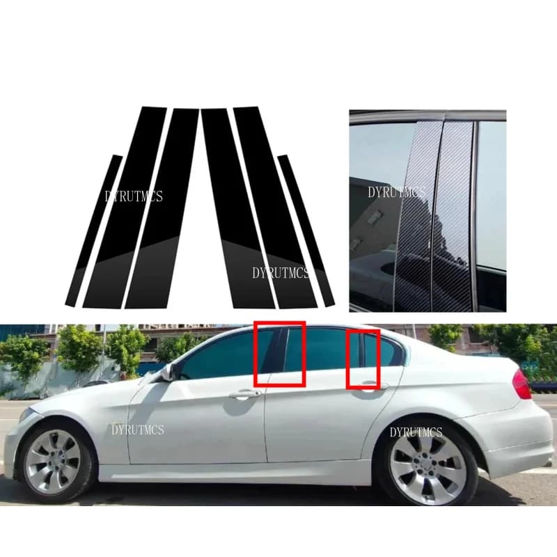 6PCS For BMW 3-Series E90 2005 2006 2007 2008 2009 2010 2011 2012 Gloss Black Pillar Posts Door Moulding Panel Sticker Cover