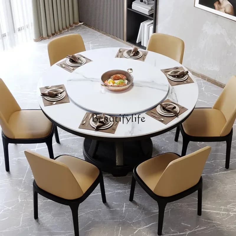 55Modern simple round dining table marble slate solid wood round dining table household