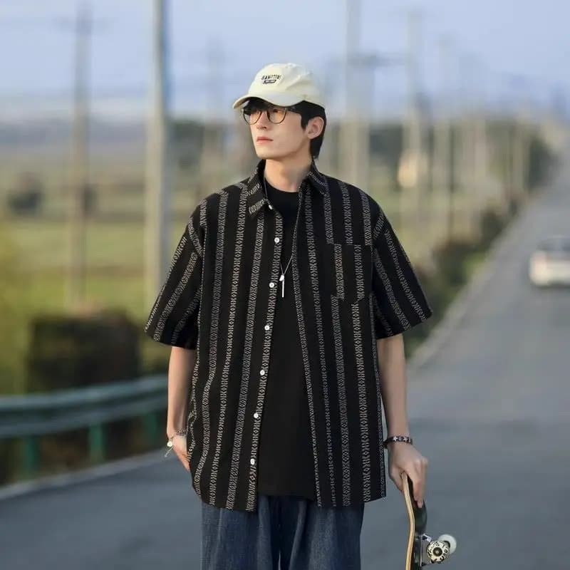 Japanese Vintage Striped Short Sleeve Shirt Summer Cool Hawaiian Flower Shirt