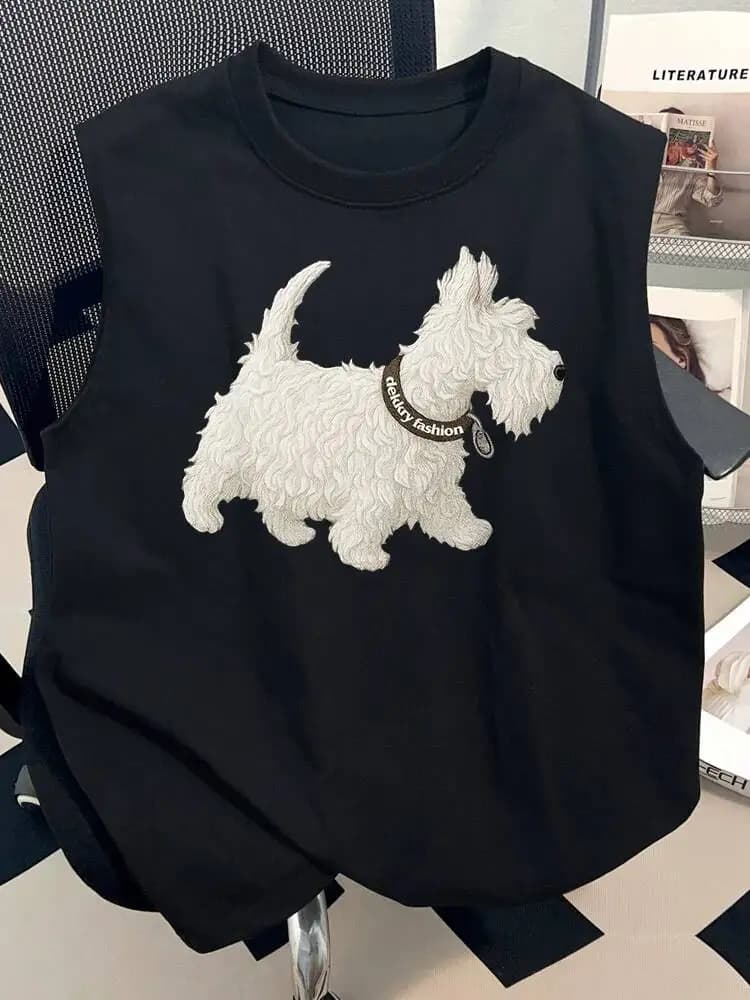 2026 New American Black Cotton Sleeveless Tank Top Cute Cartoon Print Ins Unisex Couples Vest Loose Summer T-shirt, Trendy Top