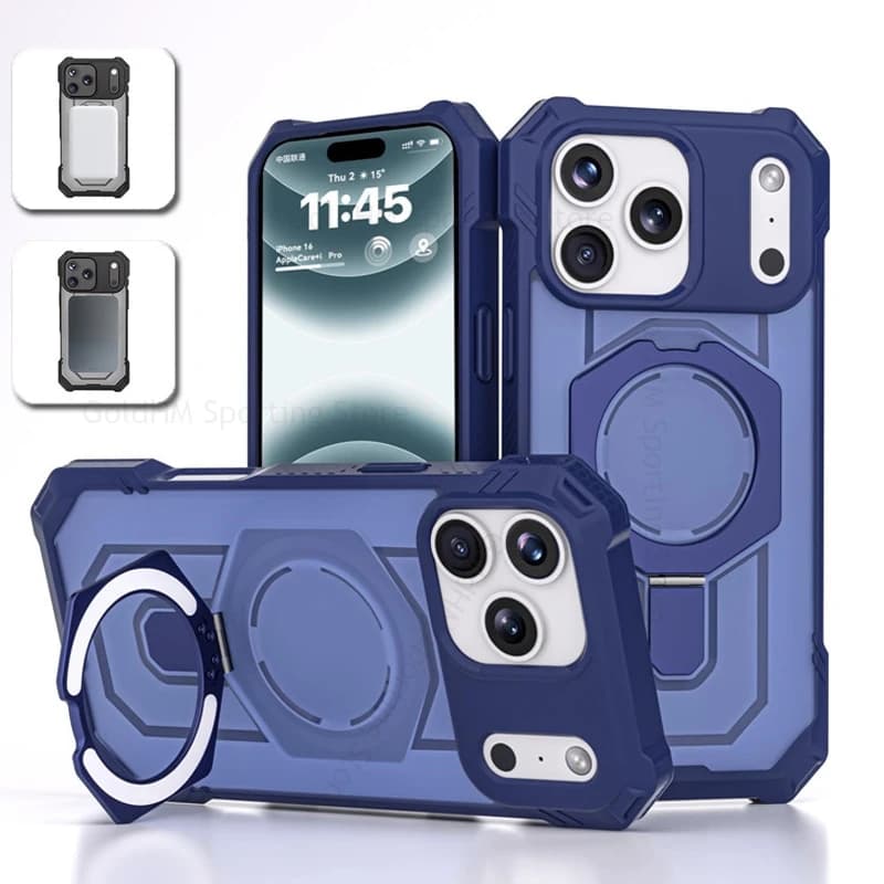 Military Hybrid Hard PC Rugged Heavy Duty Case For iPhone 17 16 Pro Max Magnetic Ring Stand Armor Cover For Apple 17 Air 16 Plus