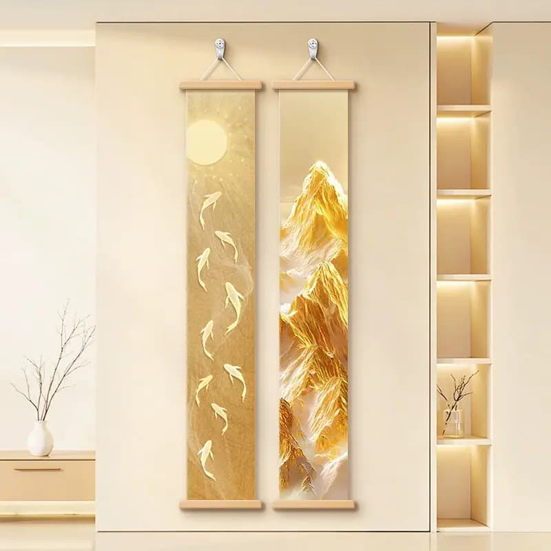 Wall Art Golden Mountain and Nine Koi Pearlescent Canvas Hanging Scroll with Wooden Rods for Luxe Entryway and Hallway