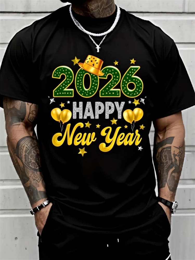 2026 Happy New Year-with Golden&Green Number,Confetti& Balloons Design-cotton O-neck short sleeve printed men's T-shirt.