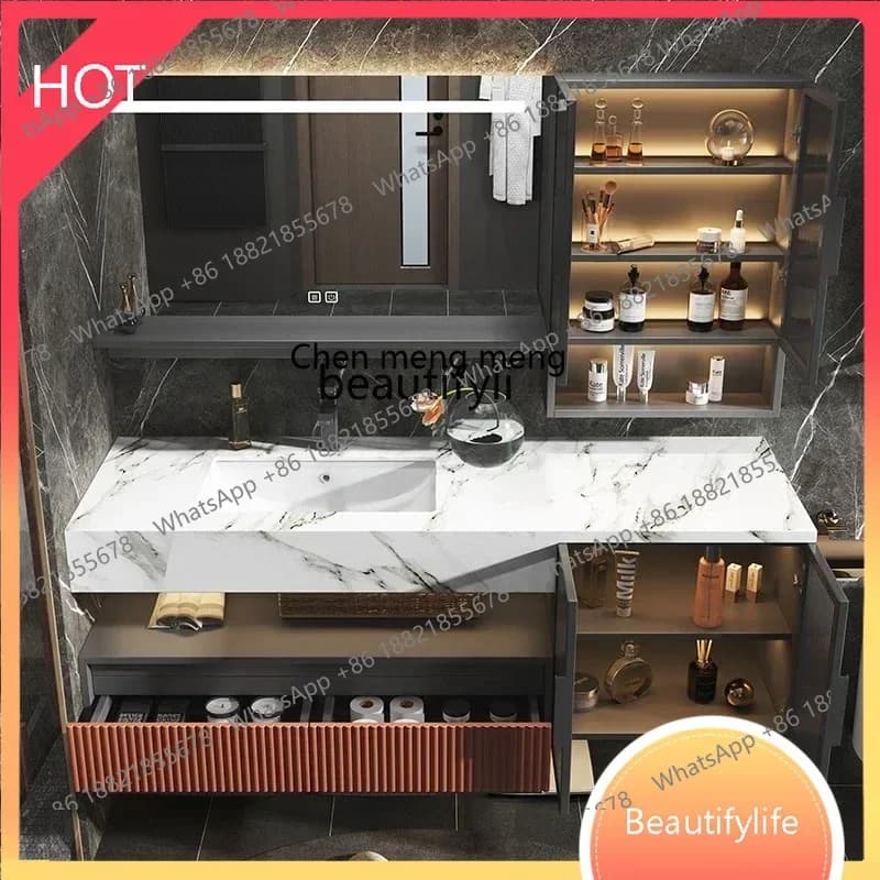 32 A Light Luxury Solid Wood Stone Plate Whole Washbin Bathroom Cabinet Combination Bathroom Table Wash Basin Cabinet