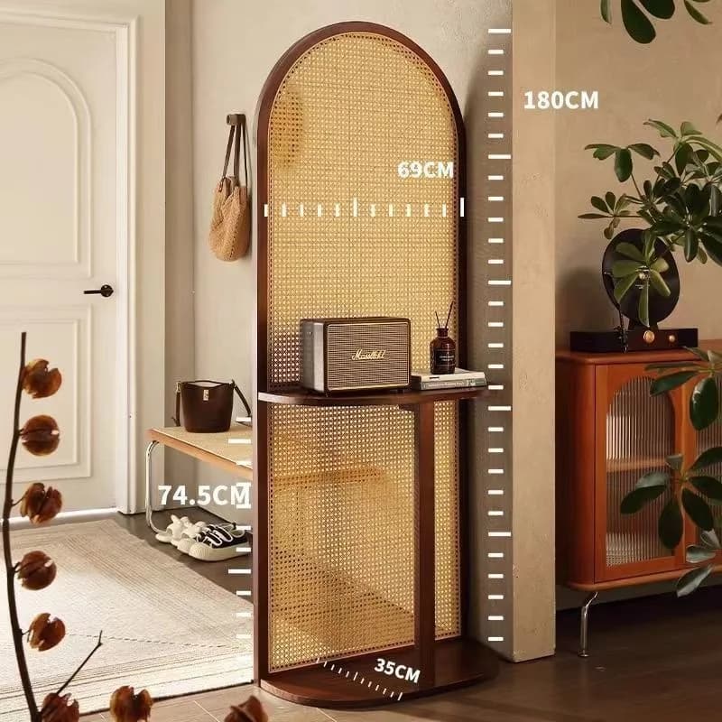 HYS retro rattan screen partition living room entrance porch blocking movable solid wood seat screen wabi sandy wind rack