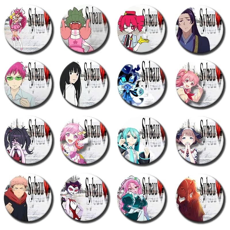 58mm Funny Sybau Meme Badges Custom Cartoon Character Lapel Pins Handmade Round Brooches for Bag Jewelry Accessories Xmas Gift