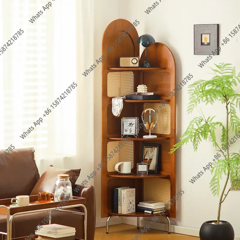 Medium retro style solid wood wall corner cabinet rattan screen partition three corners French living room porch rack