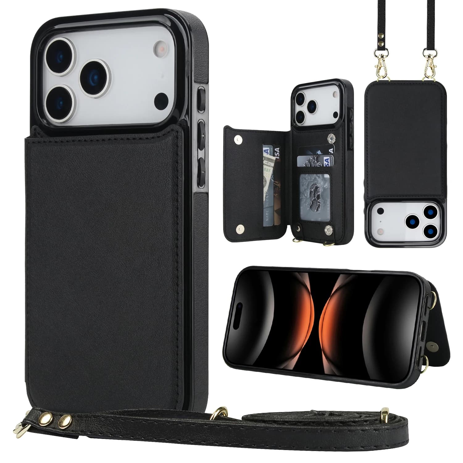 Luxury Crossbody Strap Wallet Leather Card Holder Kickstand Case For iPhone 18 Pro Max 17 16 15 14 13 12 11 Pro Max Plus Cover