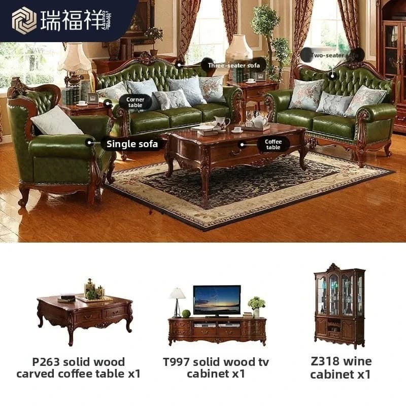 a2 American Style Genuine Leather Sofa for Home Living Room Vintage Top Layer Cowhide Sofa European Style Solid Wood Sofa Set