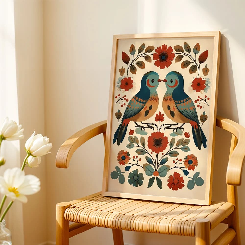 Bohemian Love Birds With Floral Canvas Poster Wall Art,2D Print Wall Decor,Vintage Home Gift For Living Room Bedroom