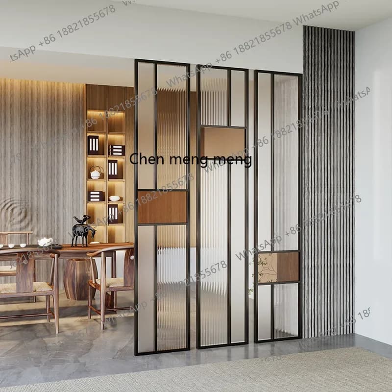 E153 Wrought iron screen partition wall light luxury stainless steel glass living room modern simple entry hotel shelter