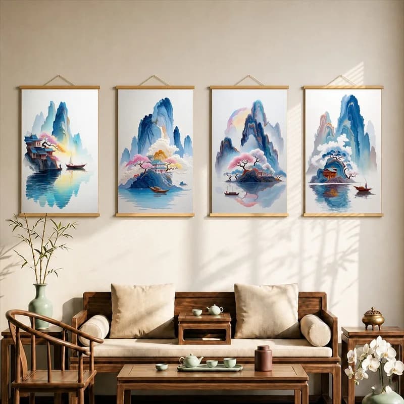 Wall Decor Elegant Eastern Woman Portrait, Chinese Vintage Pearlescent Canvas Hanging Scroll with Wooden Rods for Beauty Studio