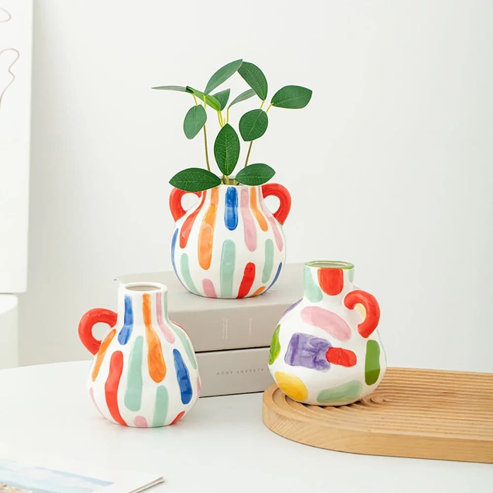 Colorful Stripes Ceramic Vase Creative Plant Pot Table Decoration Ornaments Flower Arrangement Floral Vases Room Aesthetic Decor