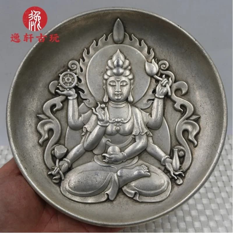 Antique Miscellaneous Items: -Plated , Old with Silver Plating, Plate, Thousand-Armed Avalokiteshvara Bronze