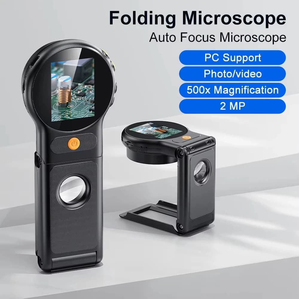 Autofocus 500X Digital Microscope with 8leds 2MP Coin Video Microscopes Foldable Magnifying Glass 2Inch for Electronics Repair