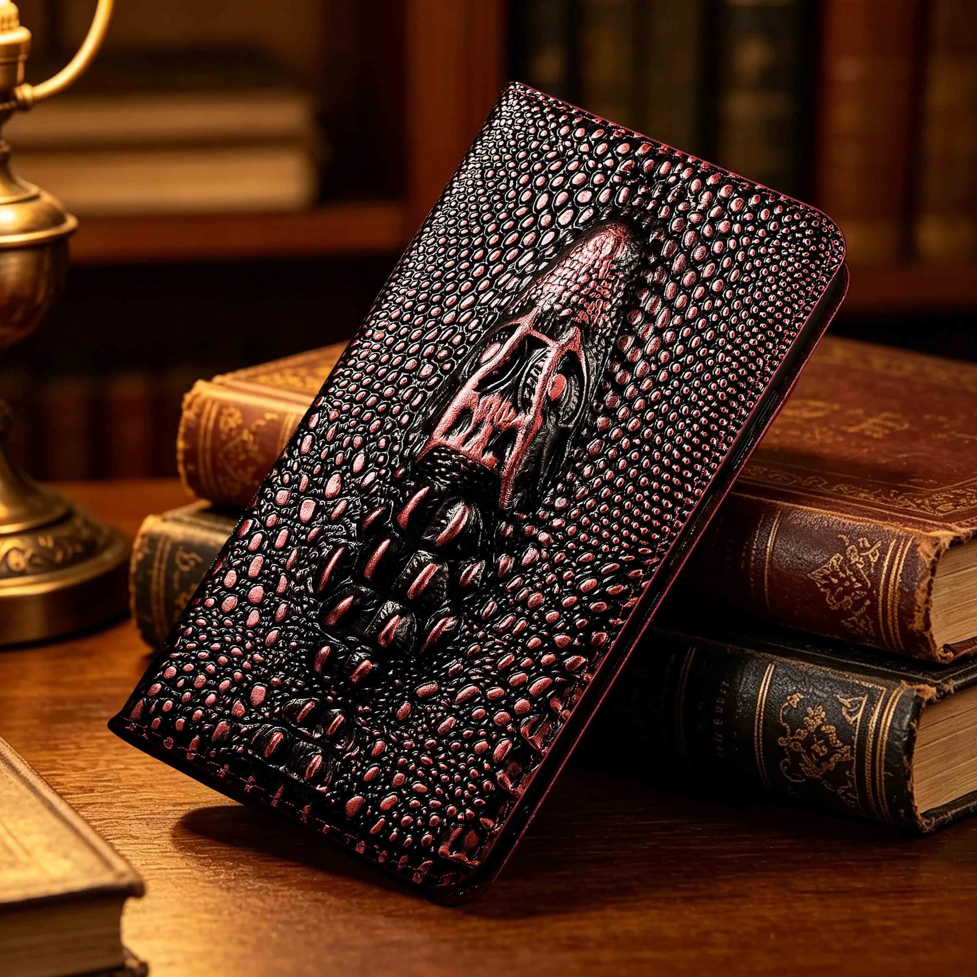 For Xiaomi Poco X3 X4 X5 X6 X7 X8 Pro NFC GT Neo Max 5G Vintage Crocodile Head Pattern Genuine Leather Flip Phone Case Cowhide