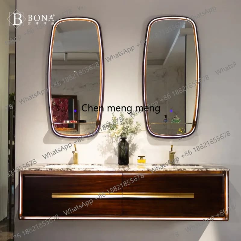 Aesthetic solid wood bathroom cabinet combination marble luxury stone countertop high-end bathroom cabinet