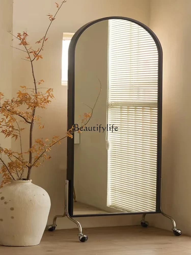 02*Solid wood dressing full body floor mirror household fitting mirror movable with magazine rack