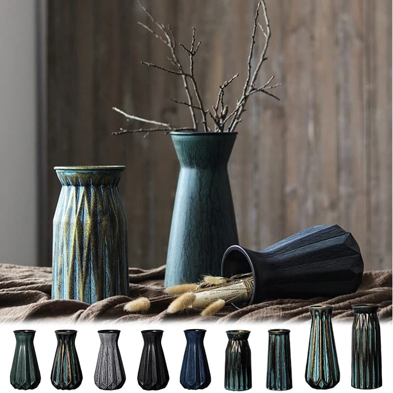 Bronze Style Vintage Ceramic Vase 25/30cm Creative Dried Flowers Vases for Desktop Bookshelf Art Rustic Pottery Home Aesthetics