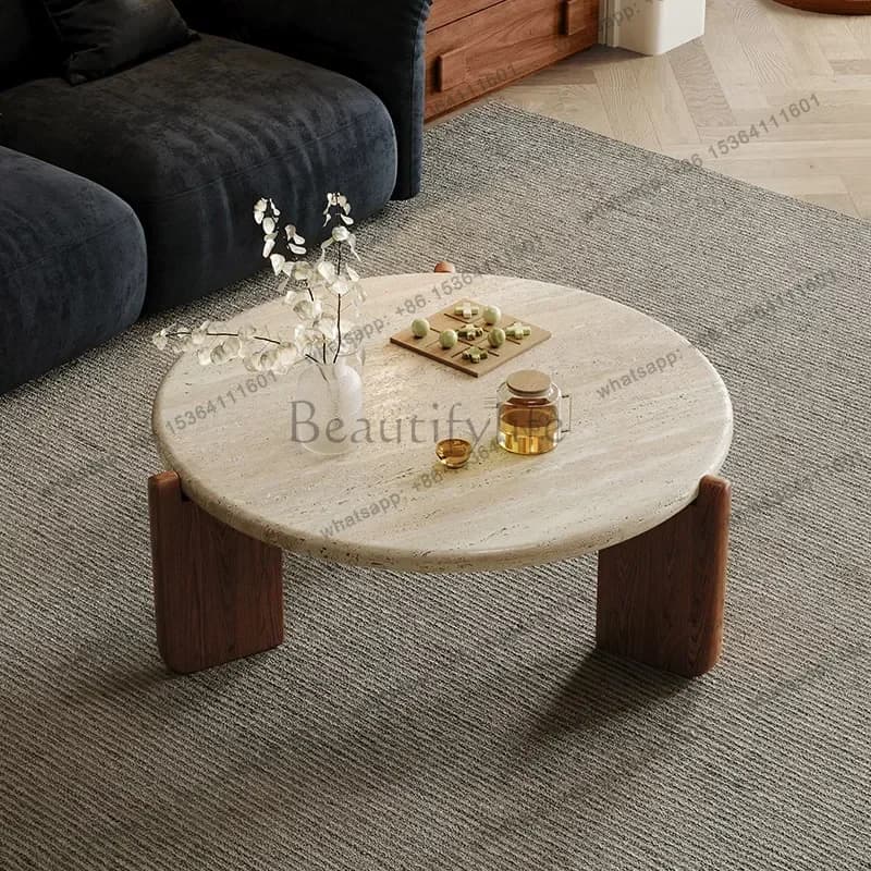 LXRound solid wood travertine coffee table, living room, furniture small tea table, coffee tableSSS