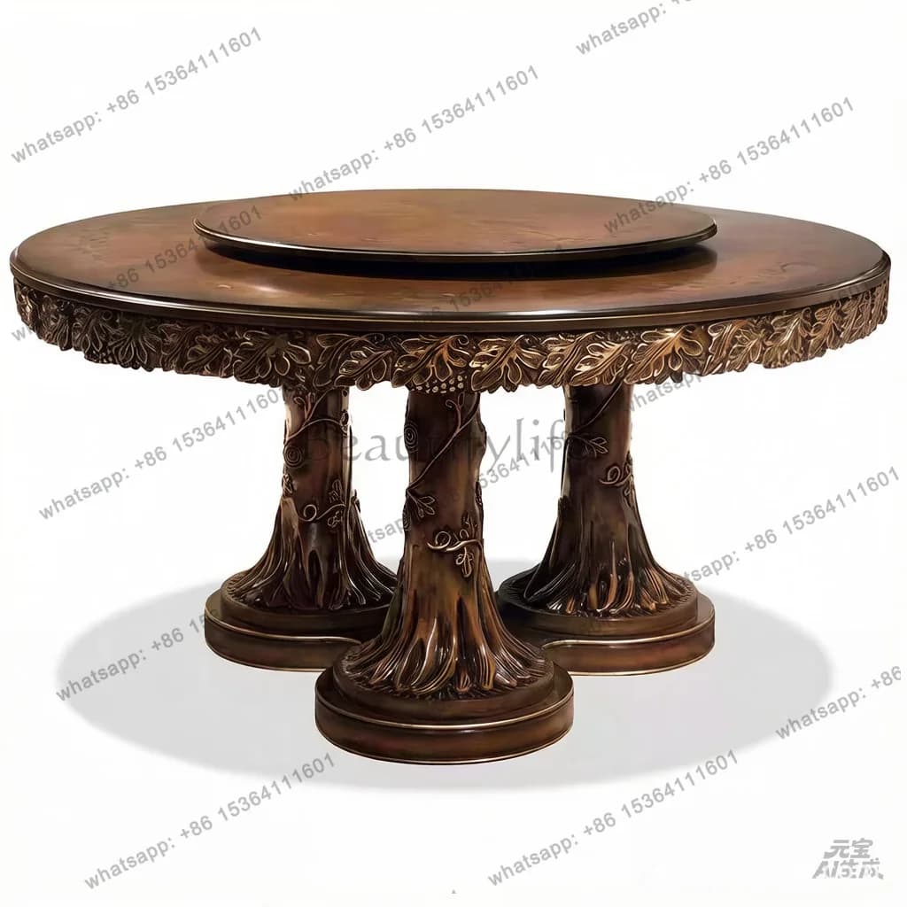 American solid wood dining table full solid wood carving flower retro rural square dual-purpose dining table