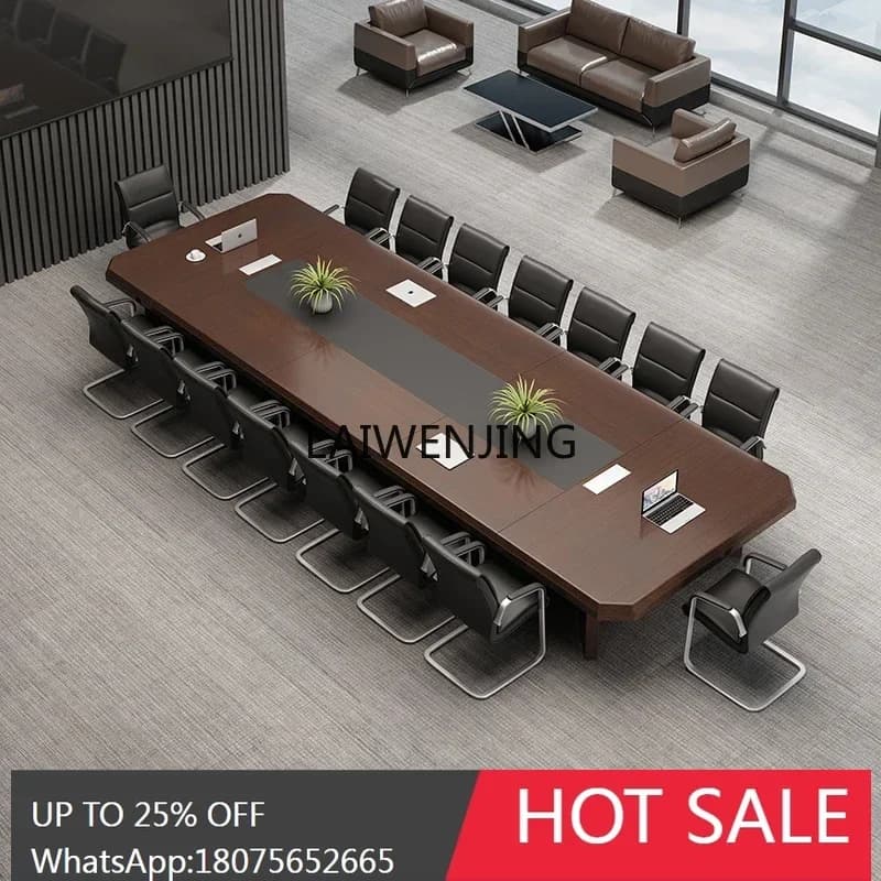 multi-person meeting walnut long solid wood leather company training rectangular table