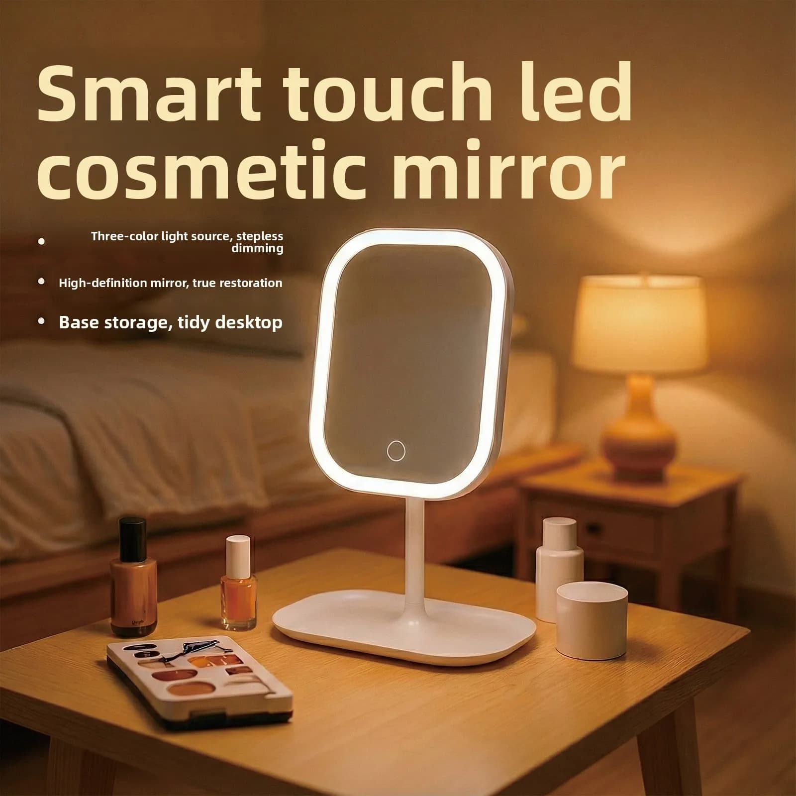 Smart Touch LED Makeup Mirror 3 Colors Light Cosmetic Mirror with Storage Base Desktop Vanity Mirror for Women