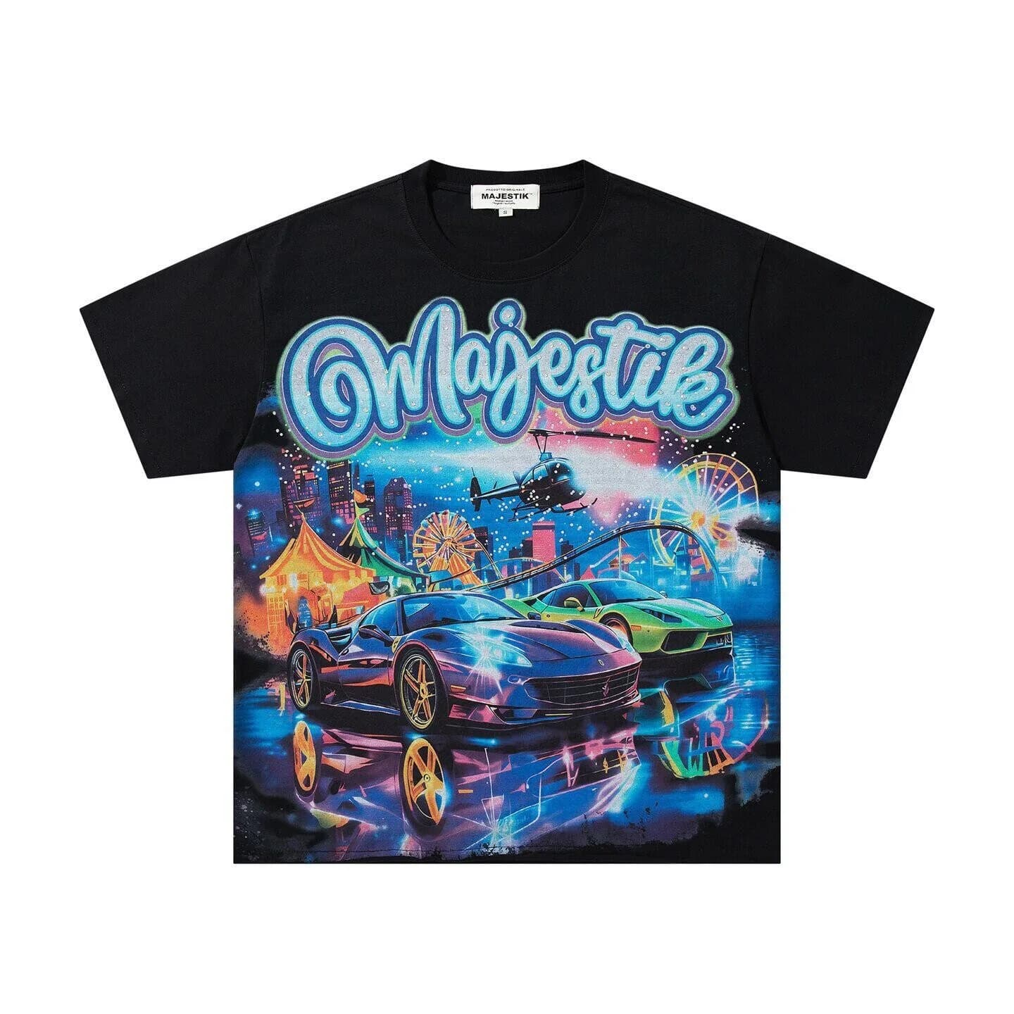 MAJESTIK Style Robot Direct Spray Printed Men's and Women's Loose Washed Vintage Stained Beaded Round Neck Short Sleeve T-Shirt
