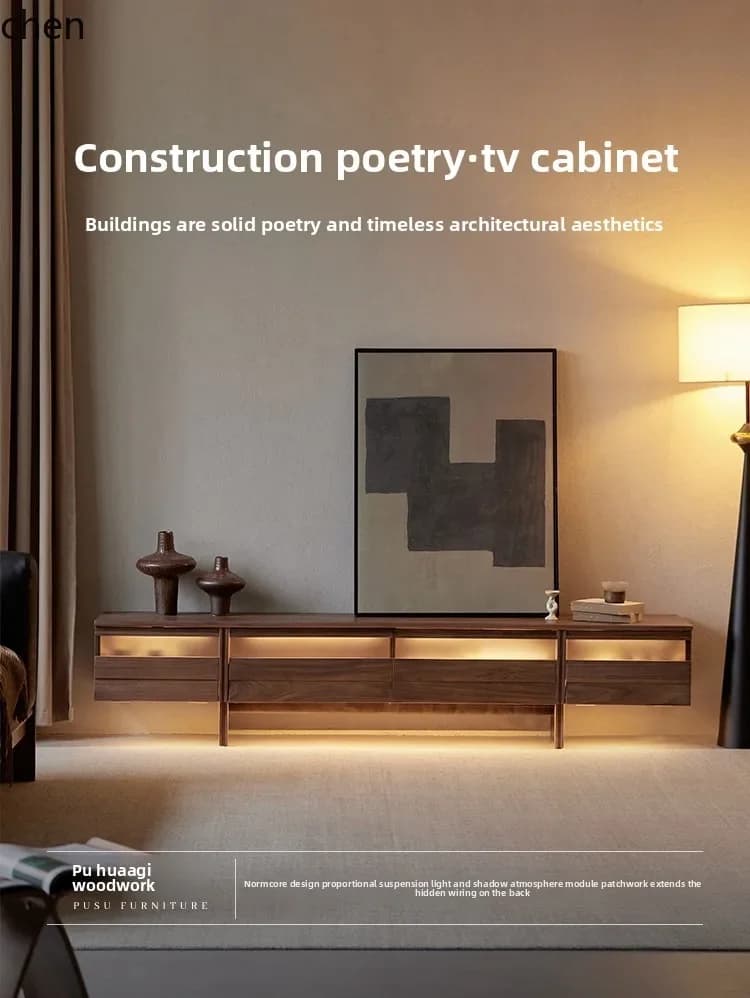 black walnut medieval TV cabinet solid wood Chinese suspension Nordic