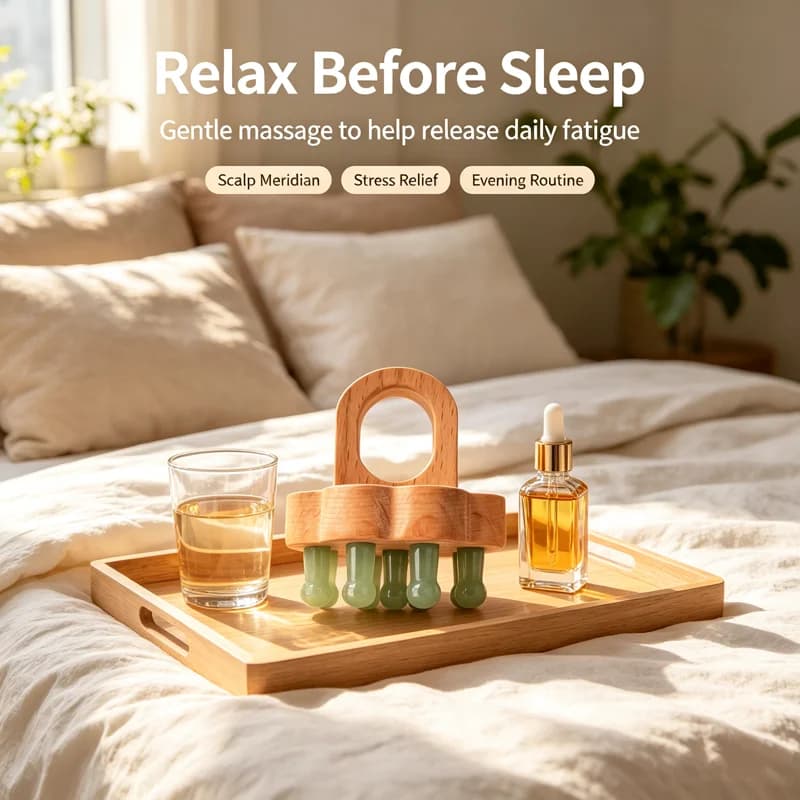 1PCS Natural Green Jade Massage Comb Wooden Ring Acupoint Massager for Scalp Face Neck Abdomen Natural Stone Gua Sha Stones Tool