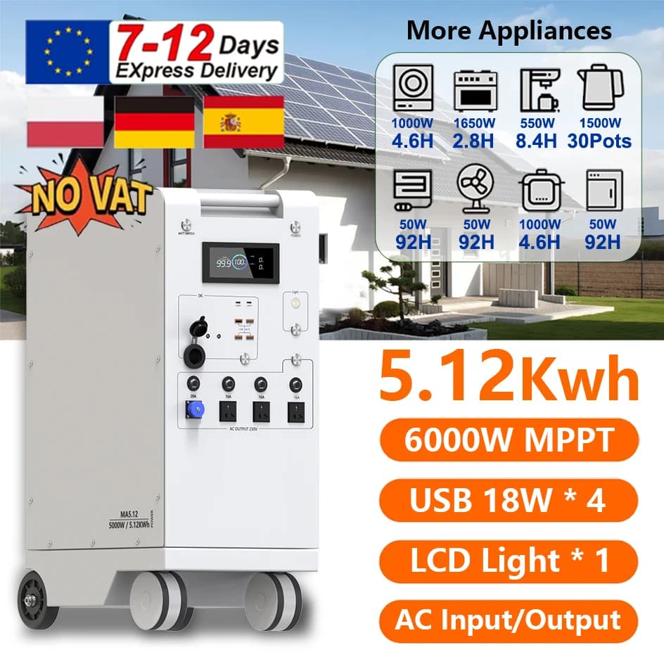 NEW 5000W Portable Power Station ALL IN ONE 48V 5Kwh  6000W MPPT With Lighting USB*4 Type C*2 EU AC Input/Output PV Inupt