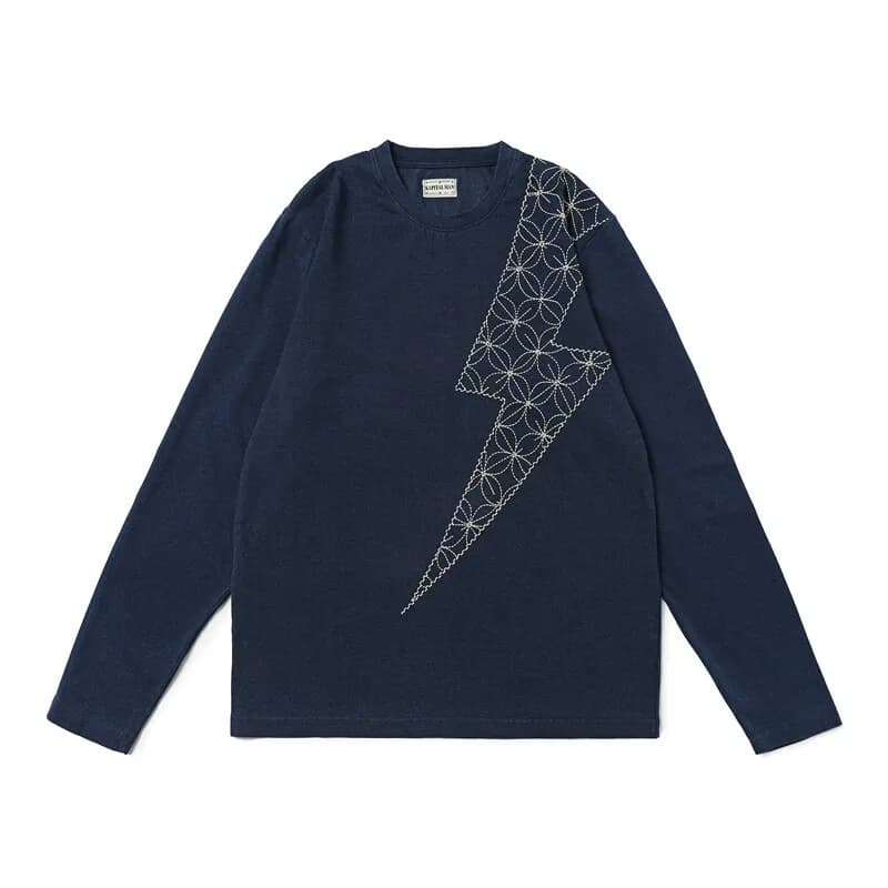 Hiroshi Hirata Japanese Retro Men's Washed Blue Denim Color Lightning Embroidery Long-sleeved T-shirt