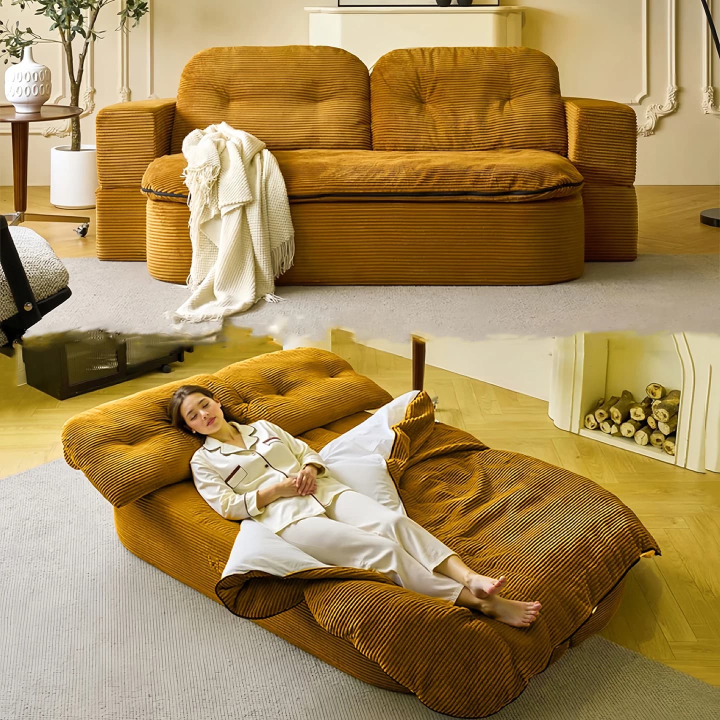 Vacuum compression antique fabric sofa small apartment living room double three straight row retro folding dual-purpose sofa bed