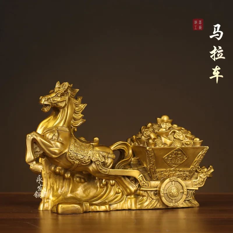 Brass figurine, horse-drawn carriage craft, symbolizing wealth and prosperity